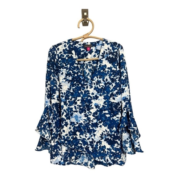 Vince Camuto Flutter Sleeve V-Neck Layered Navy White Leaves Womens Oversized XS - Picture 8 of 16